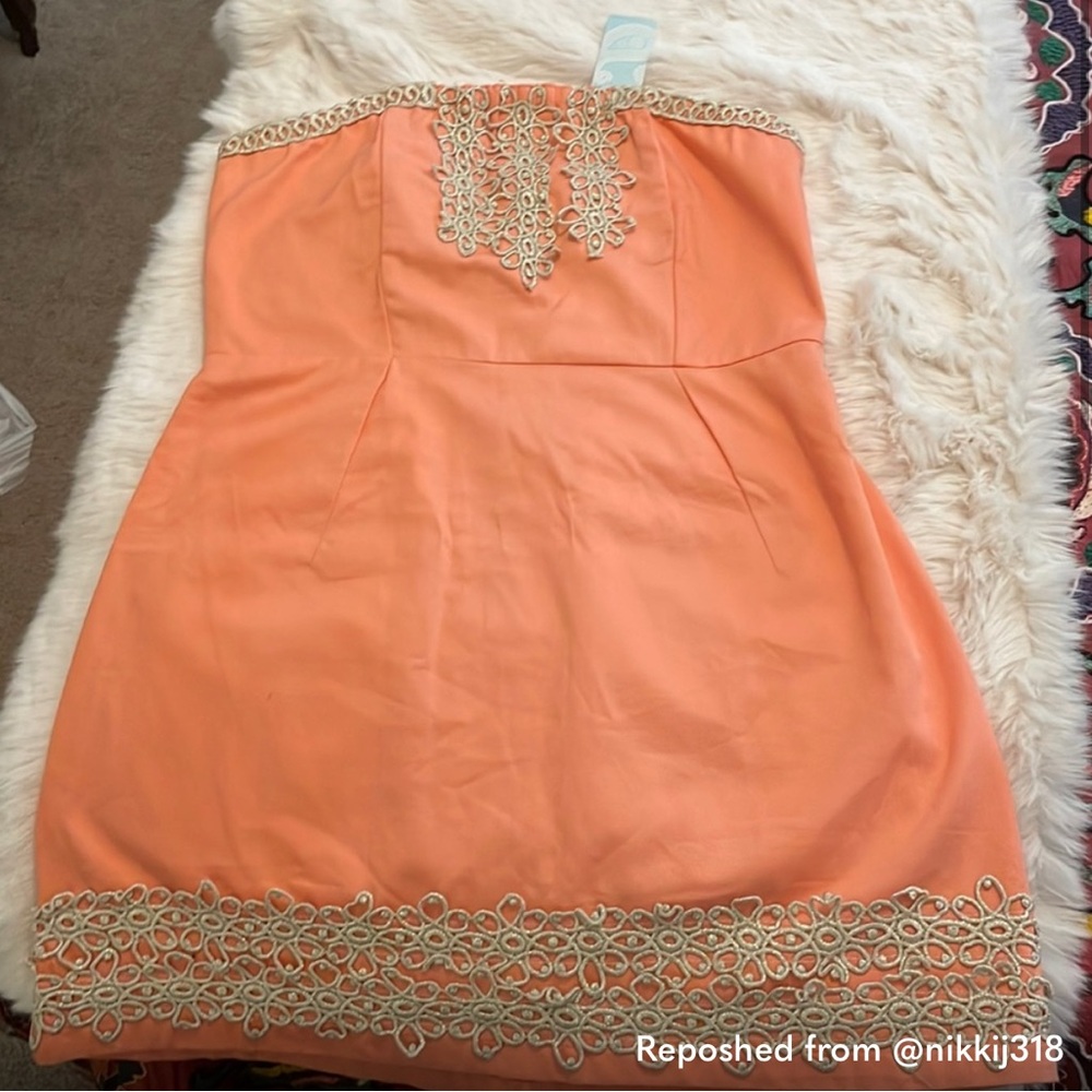 Mud Pie Orange Strapless Dress with Gold Embroidery